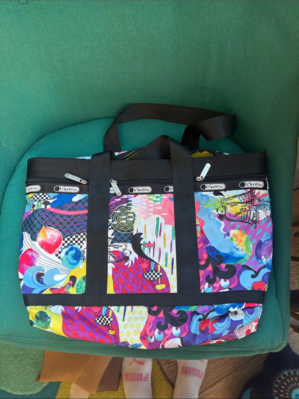 LeSportsac Multicolor Abstract Bird Print Tote with Black Straps